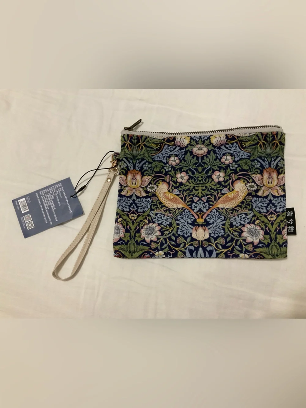 Floral Bird Print Wristlet Pouch - Blue and Green